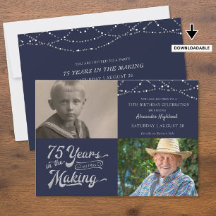 Retro 75th Birthday 2 Photo Navy Blue Silver Invitation