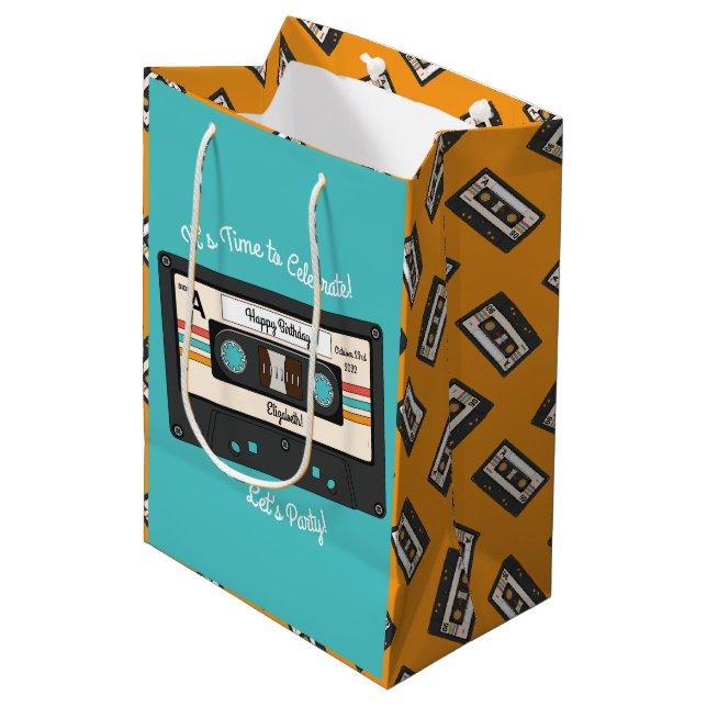 Retro 80's 90's Cassette Tape Music Birthday Party Medium Gift Bag (Front Angled)