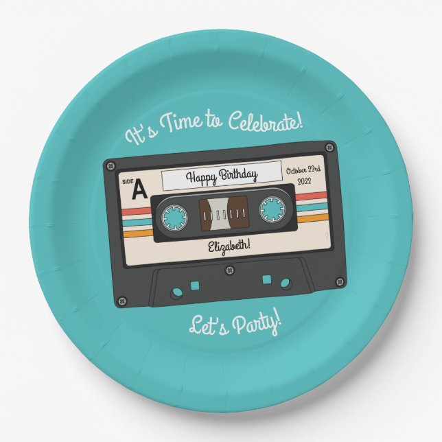 Retro 80's 90's Cassette Tape Music Birthday Party Paper Plate (Front)