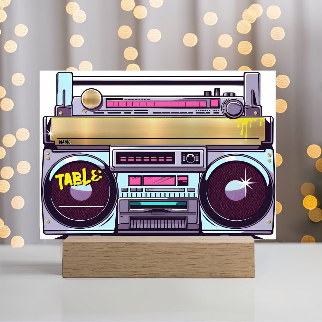 Retro 80's 90's Hip Hop Colourful Boombox Wedding Place Card (Retro colorful music theme 80's 90's hip hop graffiti gold boombox wedding table flat place card)