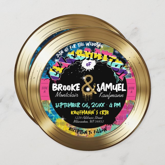 Retro 80's 90's Hip Hop Photo Gold Record Wedding Invitation (Front/Back)
