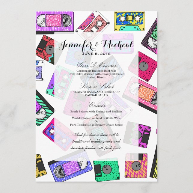 Retro 80's 90's Neon Patterned Cassette Tapes Menu (Front)