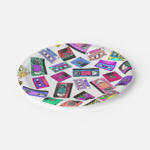 Retro 80's 90's Neon Patterned Cassette Tapes Paper Plate