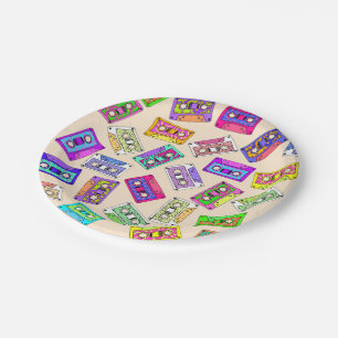 Retro 80's 90's Neon Patterned Cassette Tapes Paper Plate