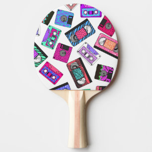 Retro 80's 90's Neon Patterned Cassette Tapes Ping Pong Paddle