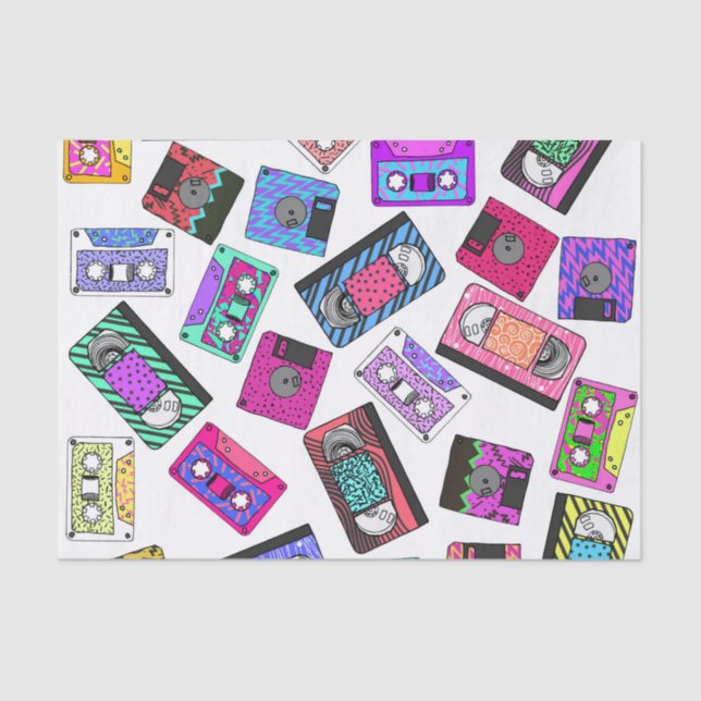 Retro 80's 90's Neon Patterned Cassette Tapes Tissue Paper (Front)