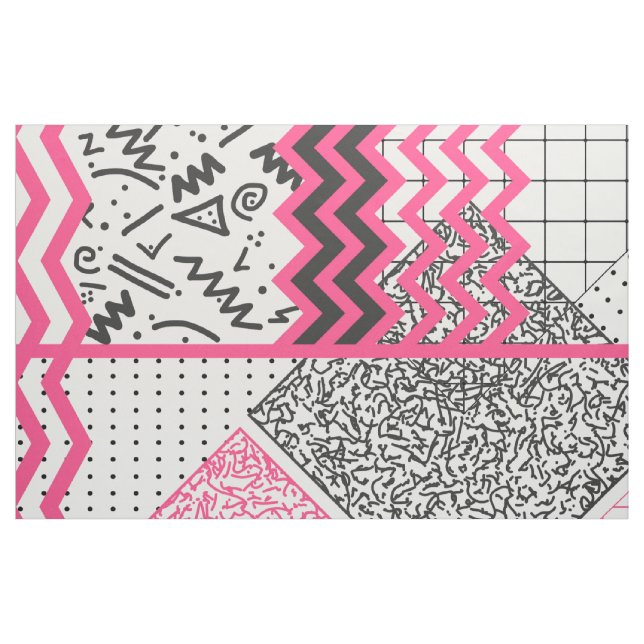 Retro 80's 90's Neon Pink Black White Scribbles Fabric (Yard)