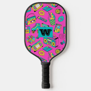 Retro 80s 90s Neon Pink Colourful Pattern Monogram Pickleball Paddle