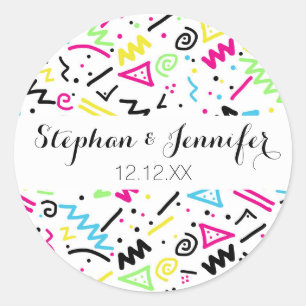 Retro 80's 90's Neon Pink Green Blue Yellow Doodle Classic Round Sticker