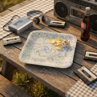 Retro 80s 90s Nostalgic Cassette Mix Tape Pattern Paper Plate