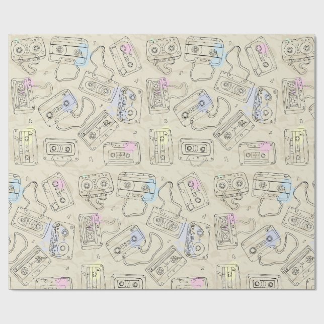 Retro 80s 90s Nostalgic Cassette Mix Tape Pattern Wrapping Paper (Flat)