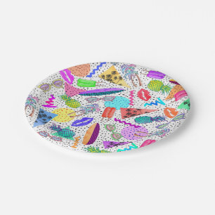 Retro 80's 90's Summer Beach Collage Pattern Paper Plate