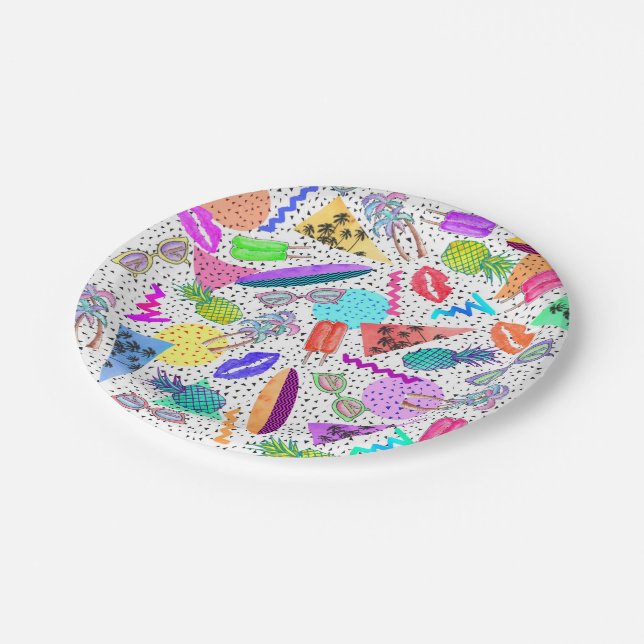 Retro 80's 90's Summer Beach Collage Pattern Paper Plate (Angled)