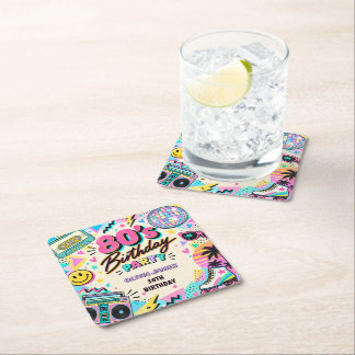 Retro 80s Birthday Square Paper Coaster