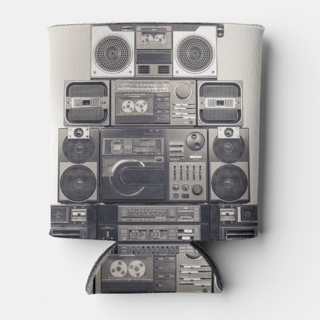 Retro 80s Cassette Recorders Pattern. Can Cooler (Front)