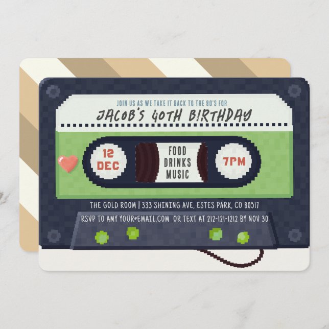 Retro 80's Cassette Tape Music Green Birthday Invitation (Front/Back)
