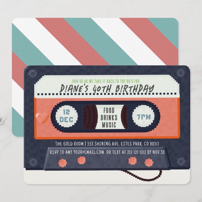 Retro 80's Cassette Tape Music Red Birthday Invitation (Front/Back)