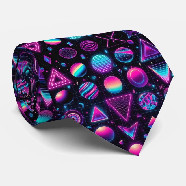 Retro 80s Funky Shapes Neon Neck Tie (Rolled)
