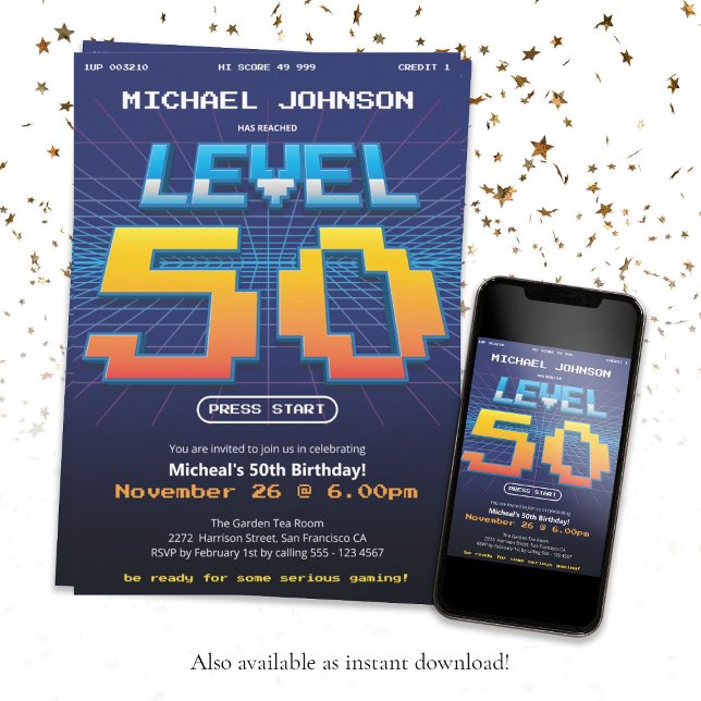 Retro 80s Funny 50th Birthday Party Invitation (Fun 50th Birthday Retro 80s Game Screen Custom Invitation)