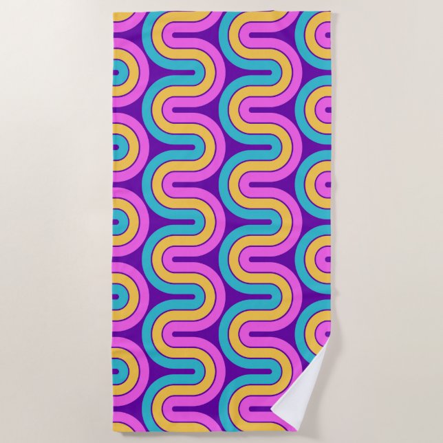 Retro 80s Geometric Gradient Wave Design Beach Towel (Front)