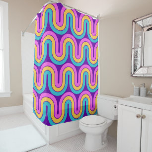 Retro 80s Geometric Gradient Wave Design Shower Curtain