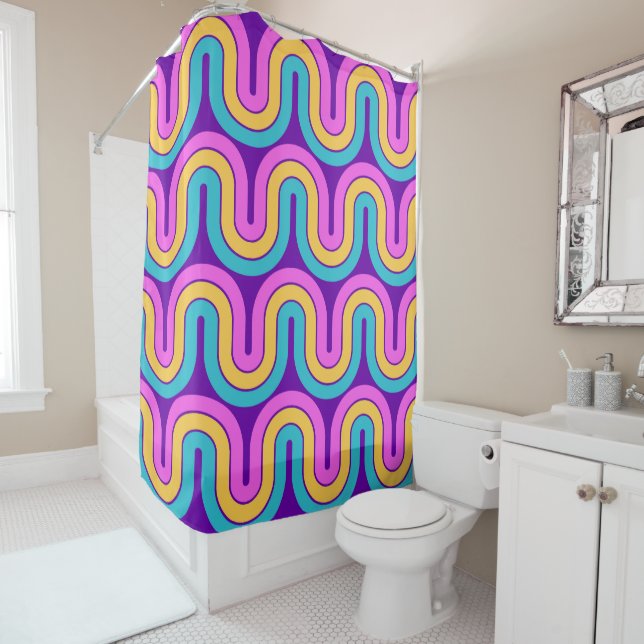 Retro 80s Geometric Gradient Wave Design Shower Curtain (In Situ)