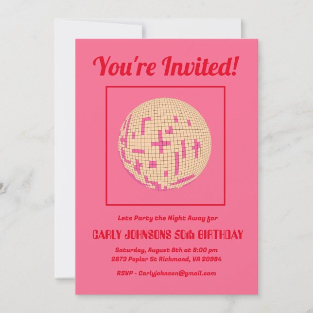 Retro 80s Hot Pink Red Disco 50th Birthday Party  Invitation (Front)