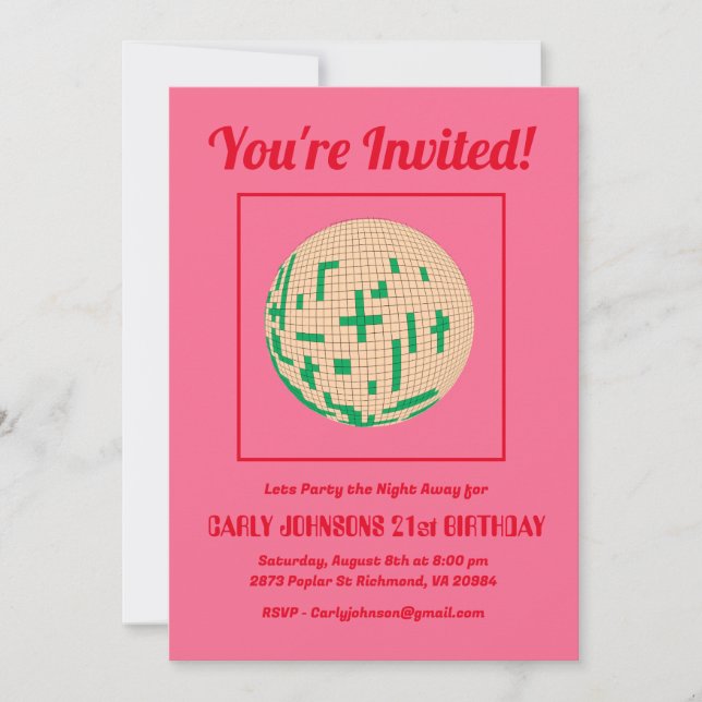 Retro 80s Hot Pink Red Green Disco 21st Birthday  Invitation (Front)