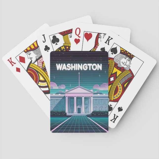Retro 80s LoFi Synthwave White House Washington DC Playing Cards (Back)