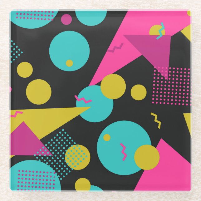 Retro 80s Memphis Geometric Design Glass Coaster (Front)