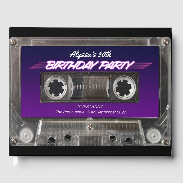Retro 80s Mixtape Cassette Neon Purple Birthday Gu Guest Book (Front)