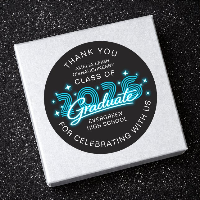 Retro 80s Neon Blue Graduation Thank You Classic Round Sticker (Creator Uploaded)