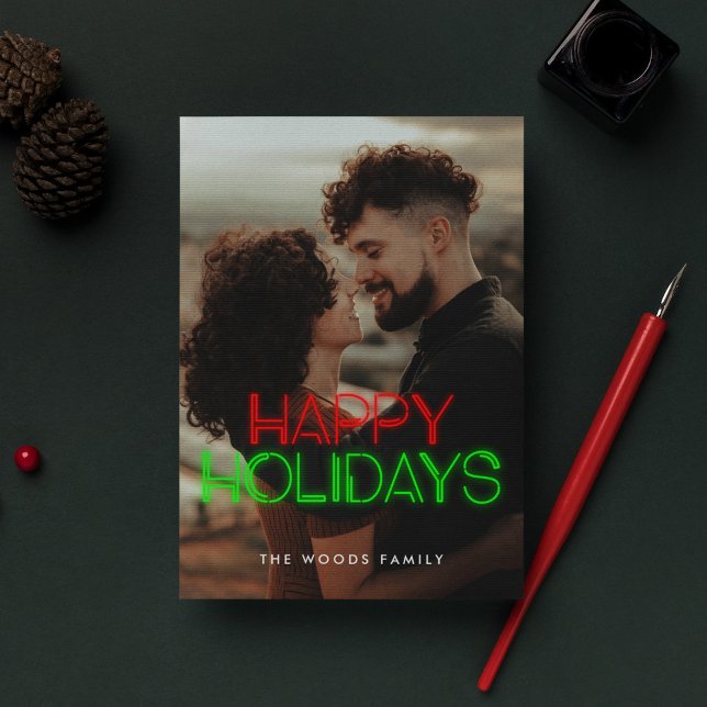 Retro 80s Neon Happy Holidays Photo Holiday Card (Creator Uploaded)