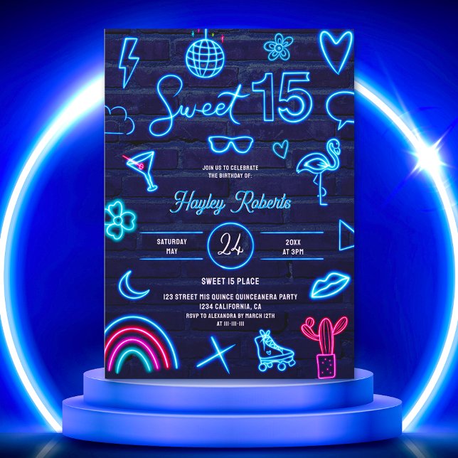 Retro 80s neon laser glow Sweet 15 navy blue brick Invitation (Creator Uploaded)