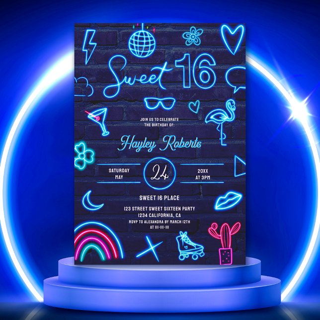 Retro 80s neon laser glow Sweet 16 navy blue brick Invitation (Creator Uploaded)