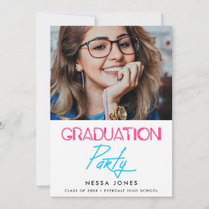 Retro 80s neon lights graduation party photo announcement