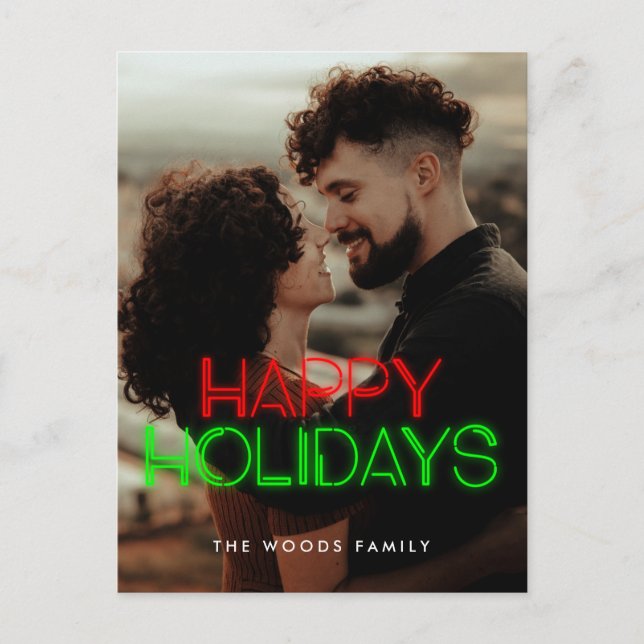 Retro 80s Neon lights Happy Holidays photo Holiday Postcard (Front)