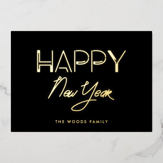 Retro 80s Neon lights Happy New Year Foil Holiday Card (Front)