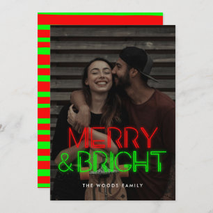 Retro 80s Neon Lights Merry & Bright Photo Holiday Card