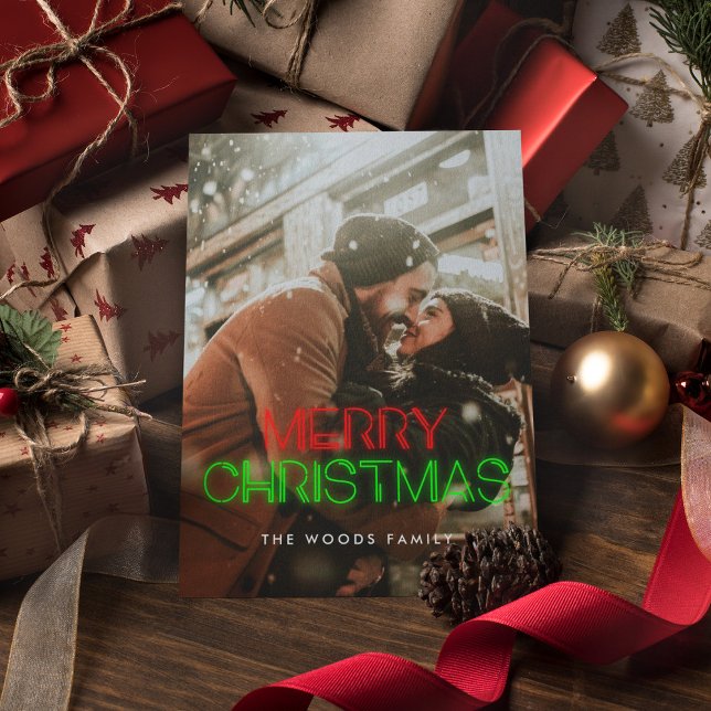 Retro 80s Neon lights Merry Christmas photo Holiday Postcard (Creator Uploaded)