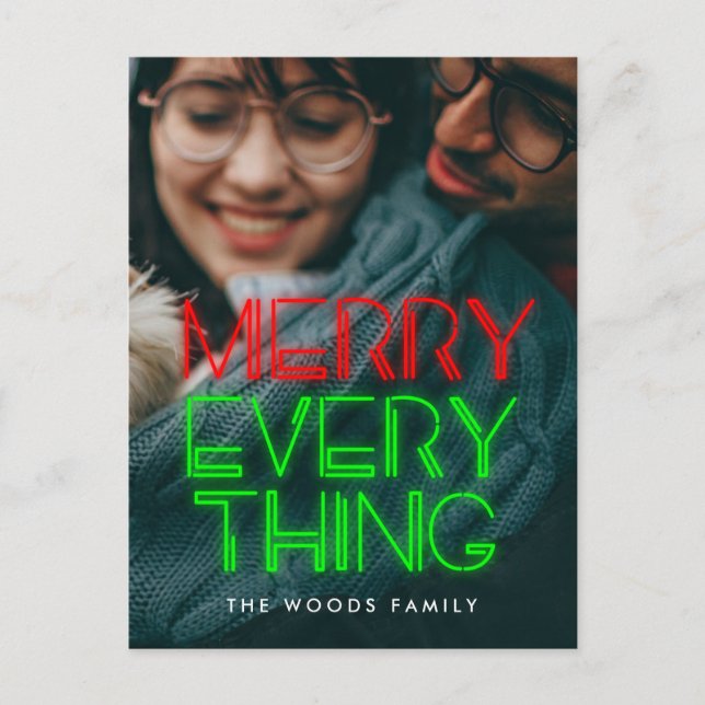 Retro 80s Neon lights Merry everything photo Holiday Postcard (Front)