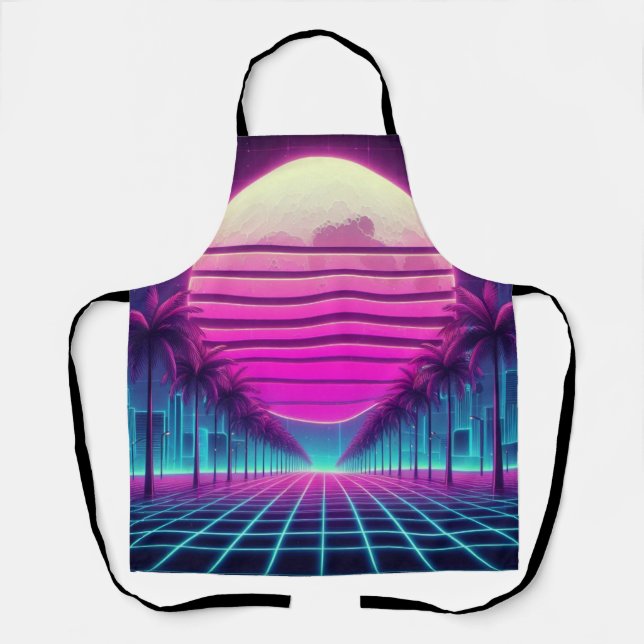 retro, 80s neon moon/palms apron (Front)