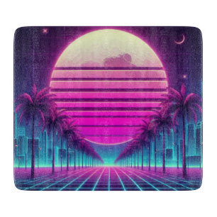 retro, 80s neon moon/palms cutting board