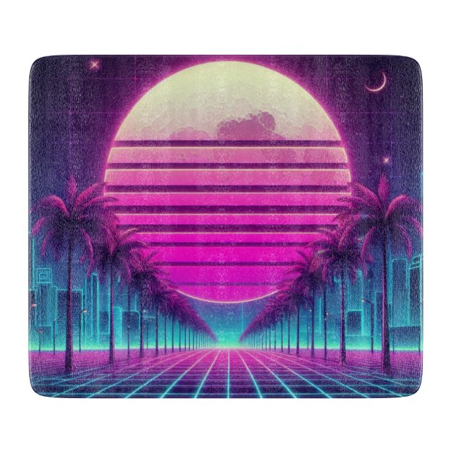 retro, 80s neon moon/palms cutting board (Front)
