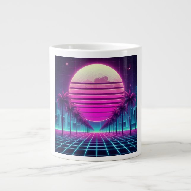 retro, 80s neon moon/palms large coffee mug (Front)