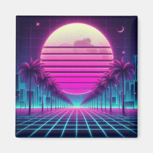 retro, 80s neon moon/palms magnet