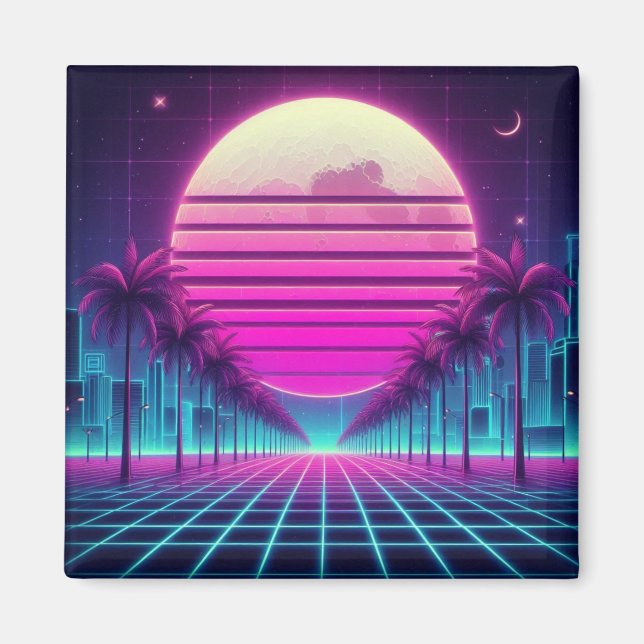 retro, 80s neon moon/palms magnet (Front)