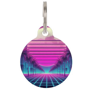 retro, 80s neon moon/palms pet tag
