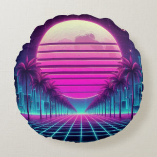 retro, 80s neon moon/palms round cushion