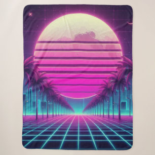 retro, 80s neon moon/palms sherpa blanket